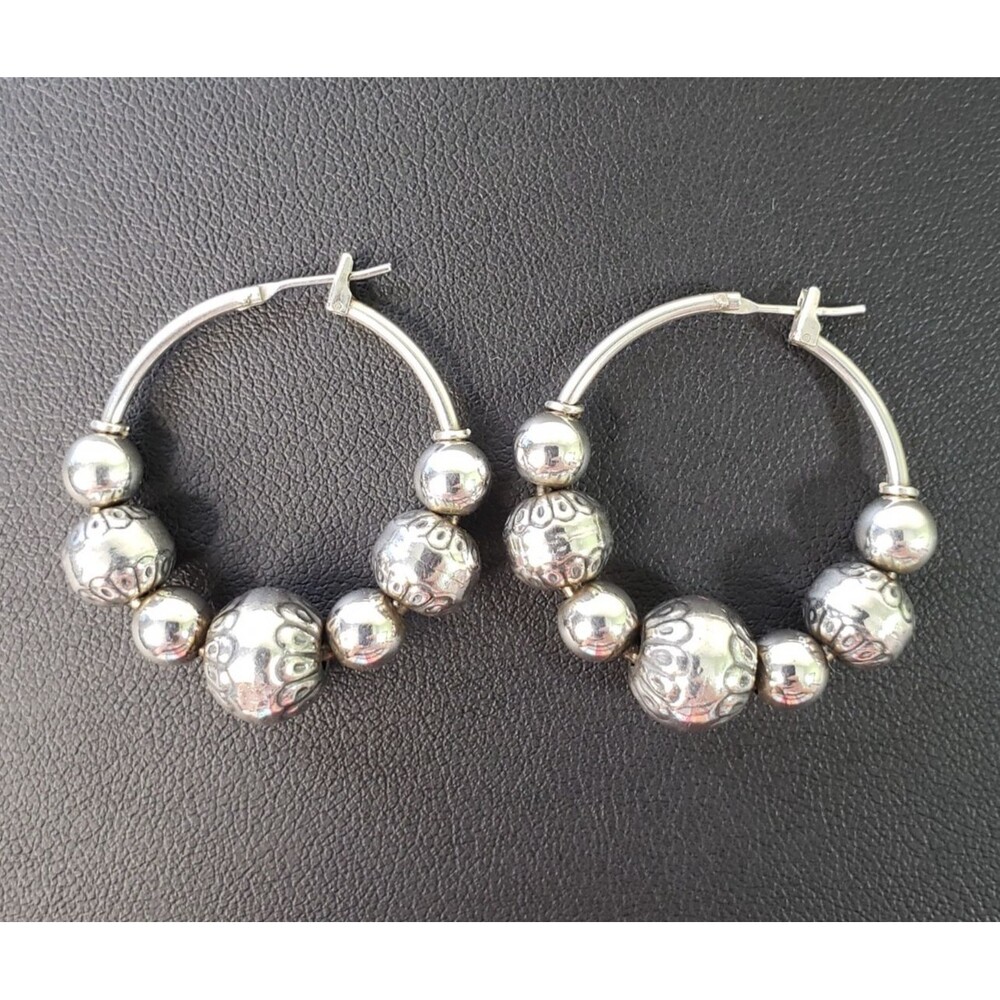 Vintage Carolyn Pollack Beaded Sterling Silver Hoop Pierced Earrings 925